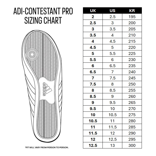 Size chart for Adidas Contestant Pro Taekwondo Shoes ADITPR01 — White