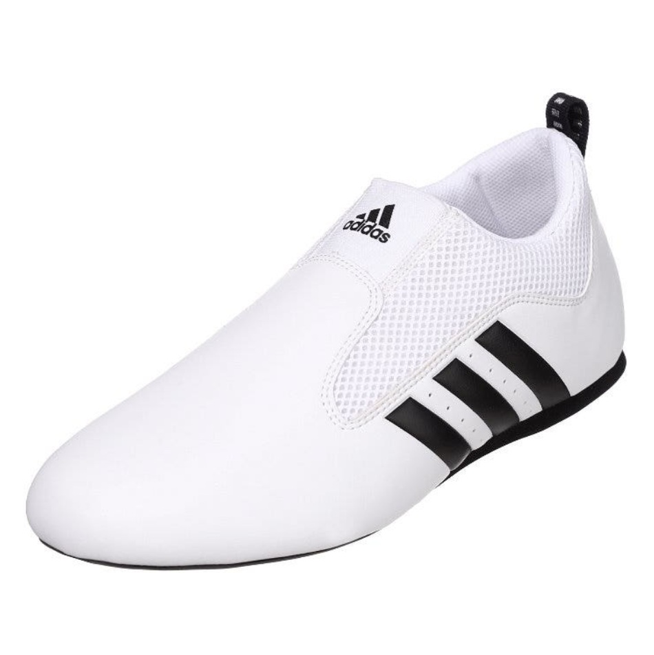 White Adidas Contestant Pro ADITPR01 Taekwondo shoes with black stripes
